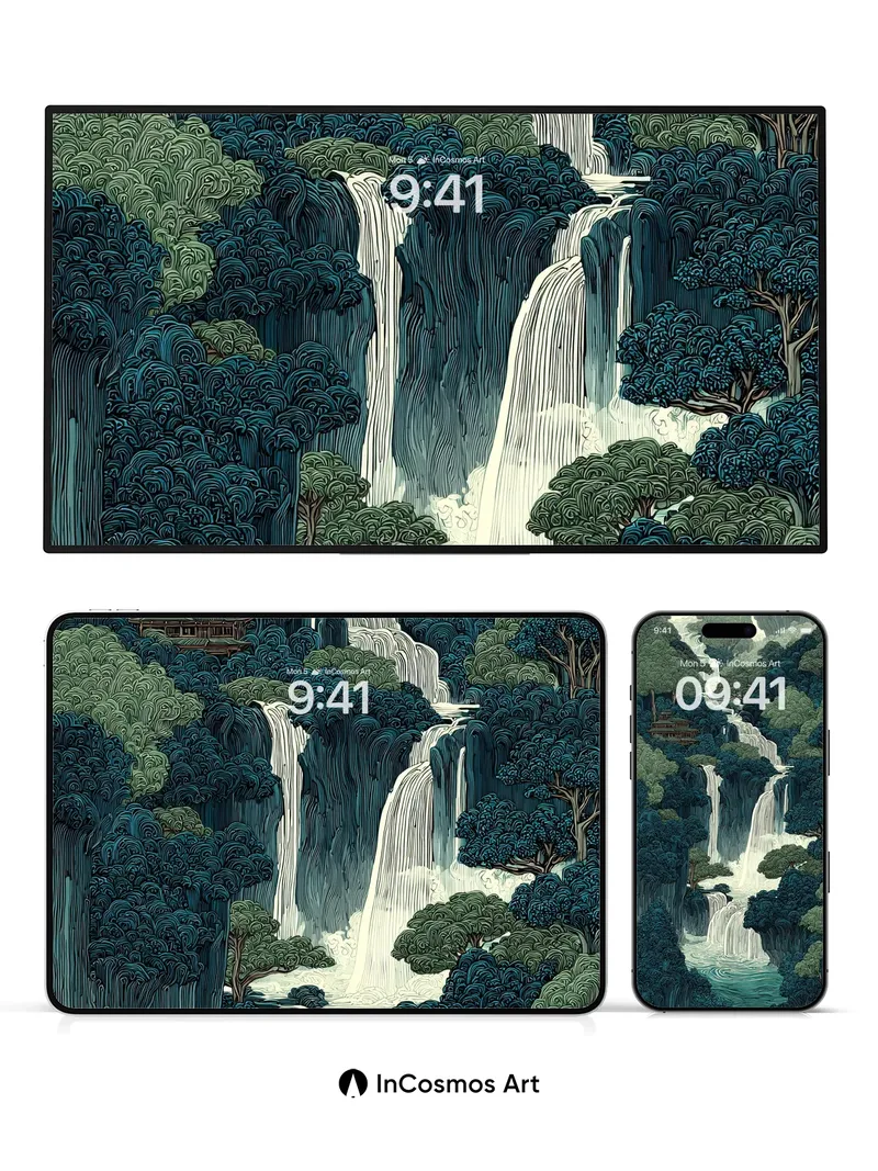 Whispering Waterfall Wallpaper with Hidden Pagoda