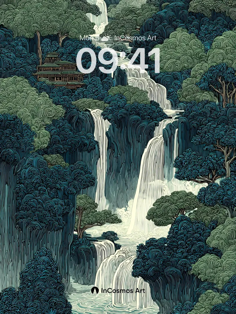 Whispering Waterfall Wallpaper with Hidden Pagoda wallpaper for iPhone, iPad & Mac
