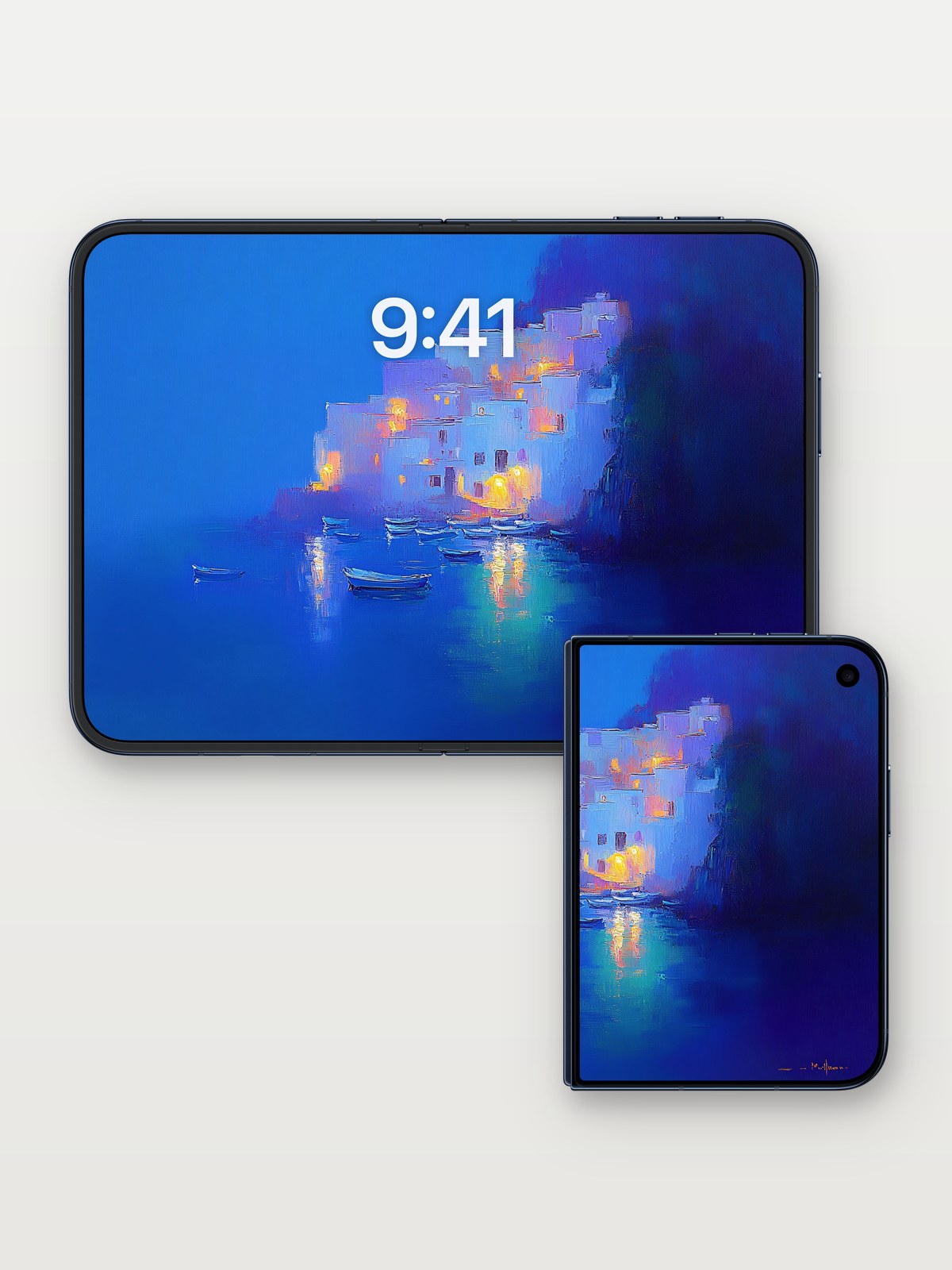 Luminous Cliffside Wallpaper with Floating Lights on iPhone Duo, open and closed