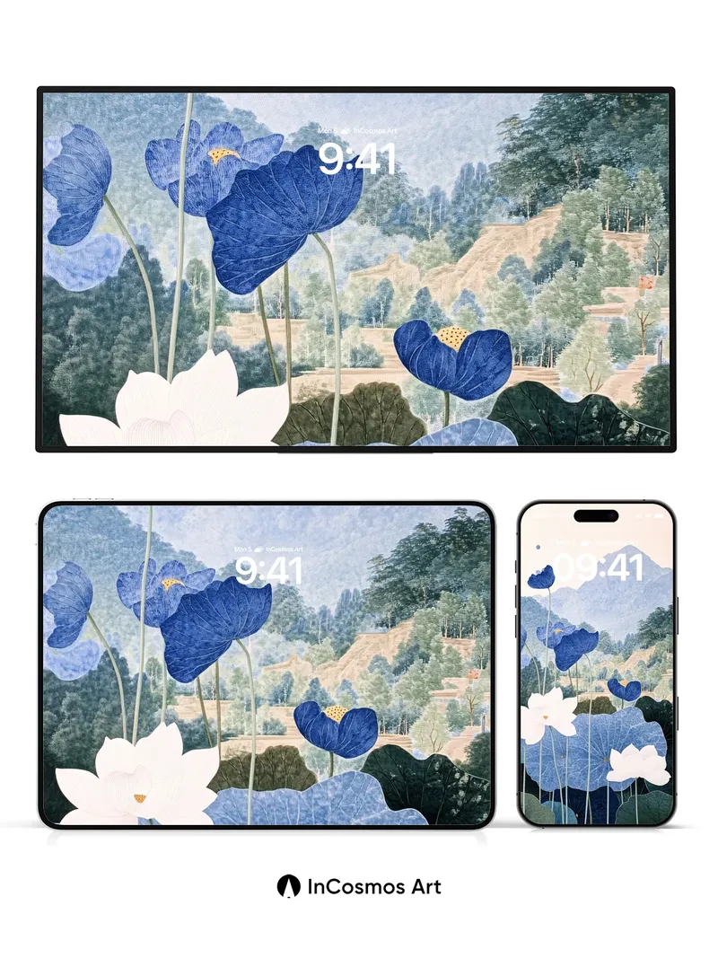 Serene Lotus Wallpaper with Mountain Haze