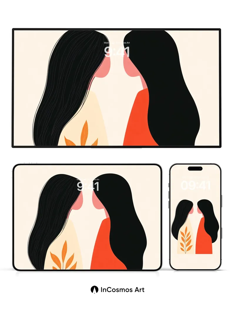 Whispering Leaves Wallpaper with Silhouetted Embrace