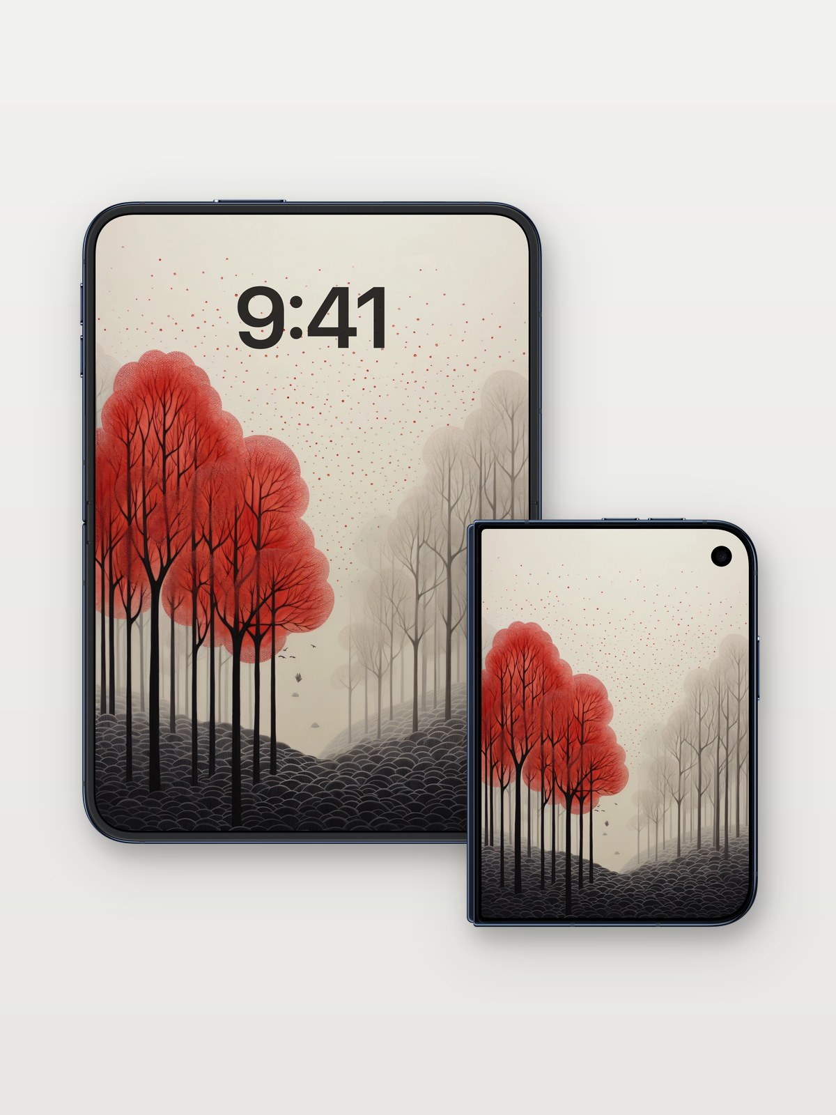 Crimson Hush Wallpaper with Floating Embers on iPhone Duo, open and closed