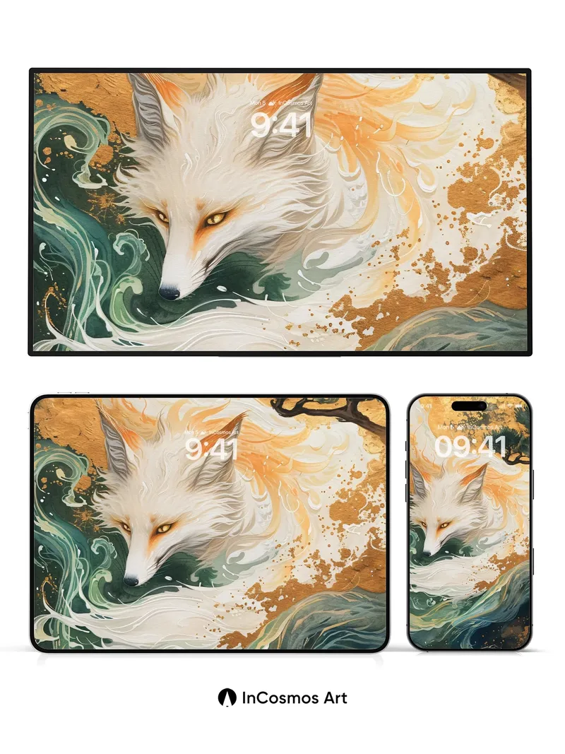 Serene Fox Spirit Wallpaper with Flowing Waves