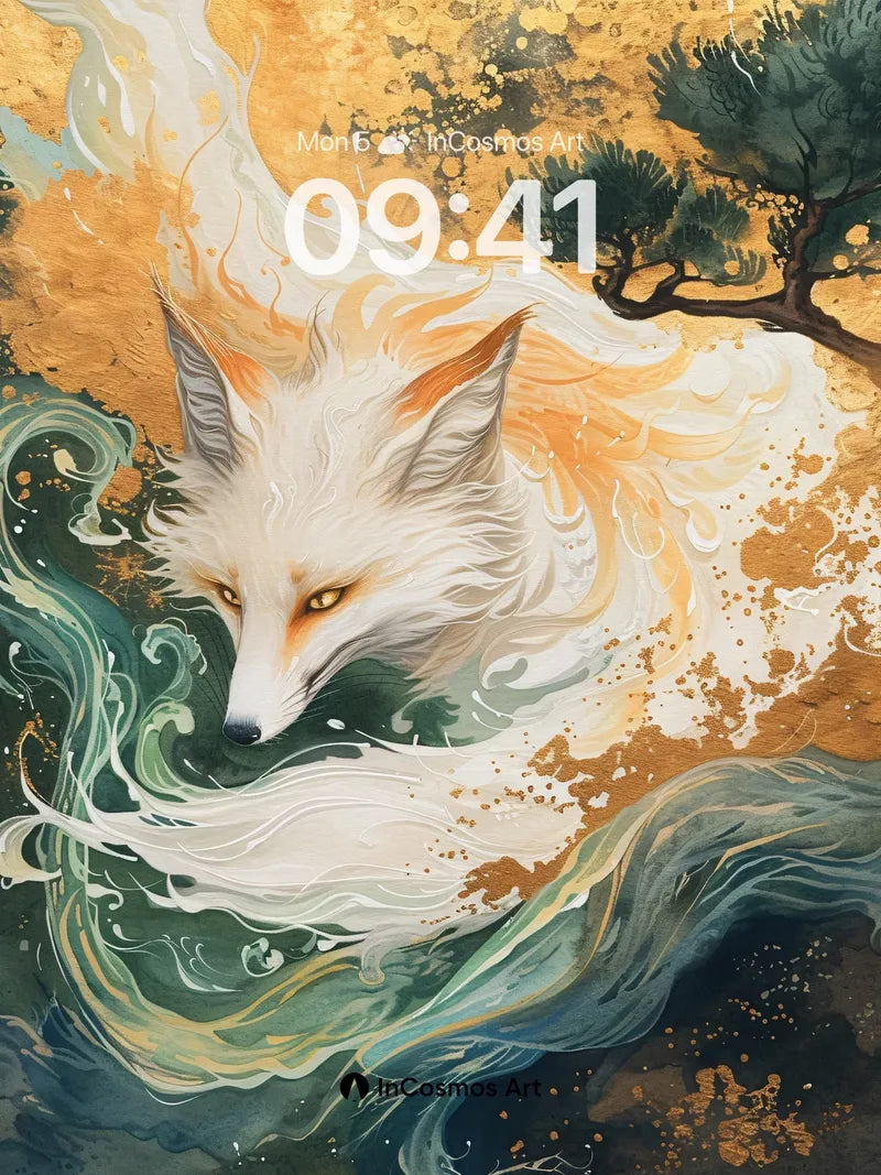 Serene Fox Spirit Wallpaper with Flowing Waves
