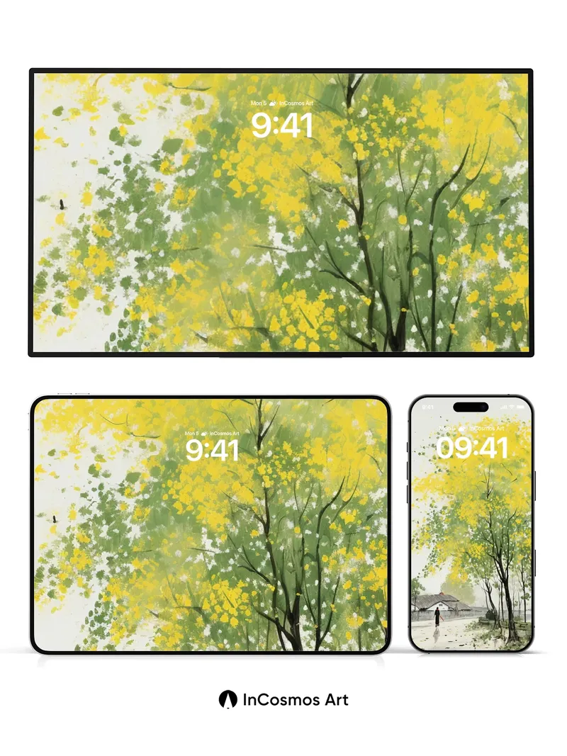 Serenity in Yellow Canopy Wallpaper with Floating Leaves