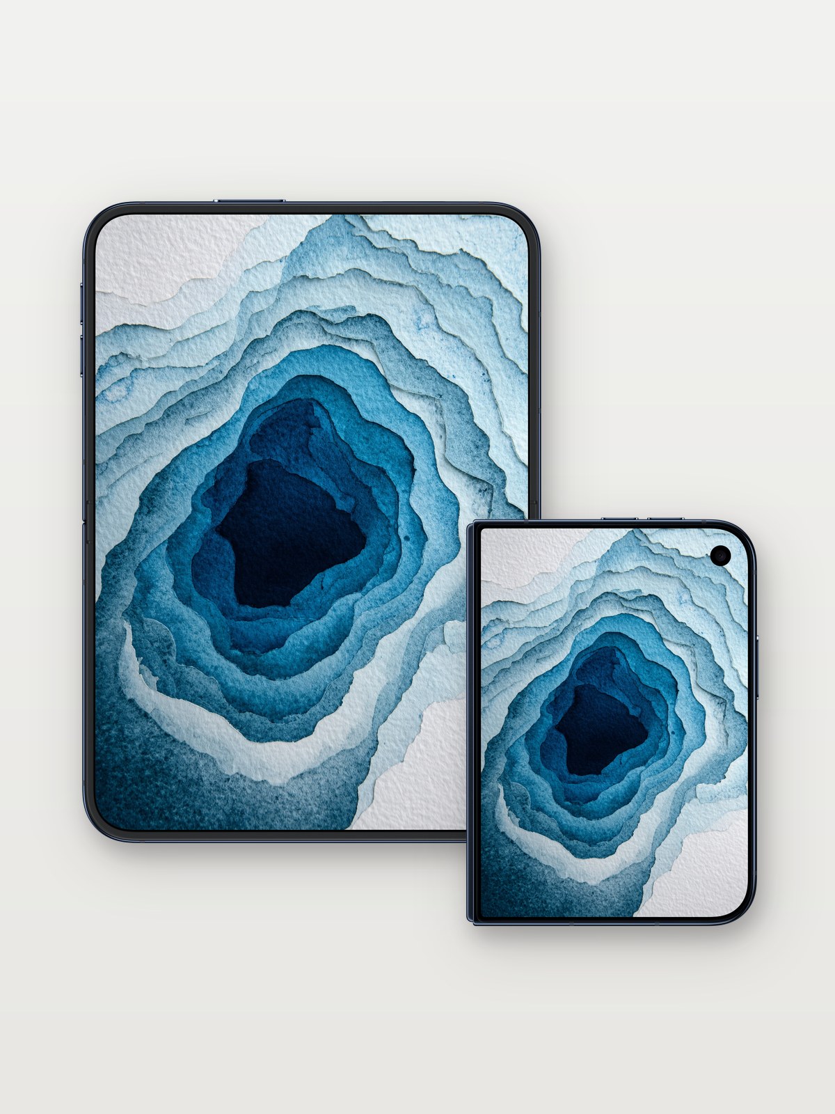 Calm Abyss Wallpaper with Watercolor Depth on iPhone Duo, open and closed