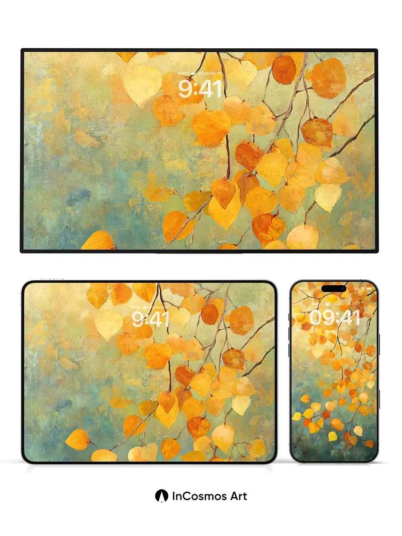 Golden Hush Wallpaper with Floating Leaves