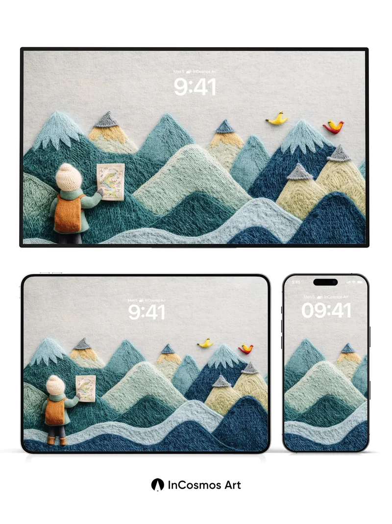 Felted Mountain Odyssey Wallpaper with Miniature Explorer