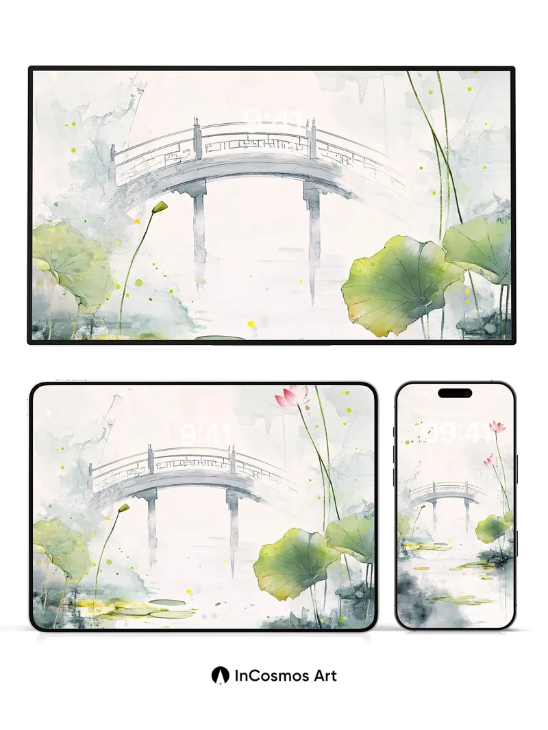 Serenity Bridge Wallpaper with Floating Lotus