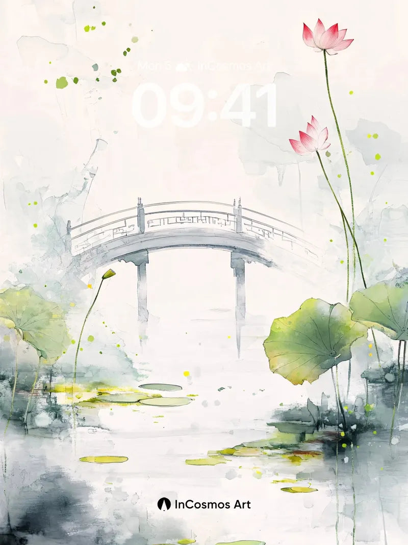Serenity Bridge Wallpaper with Floating Lotus