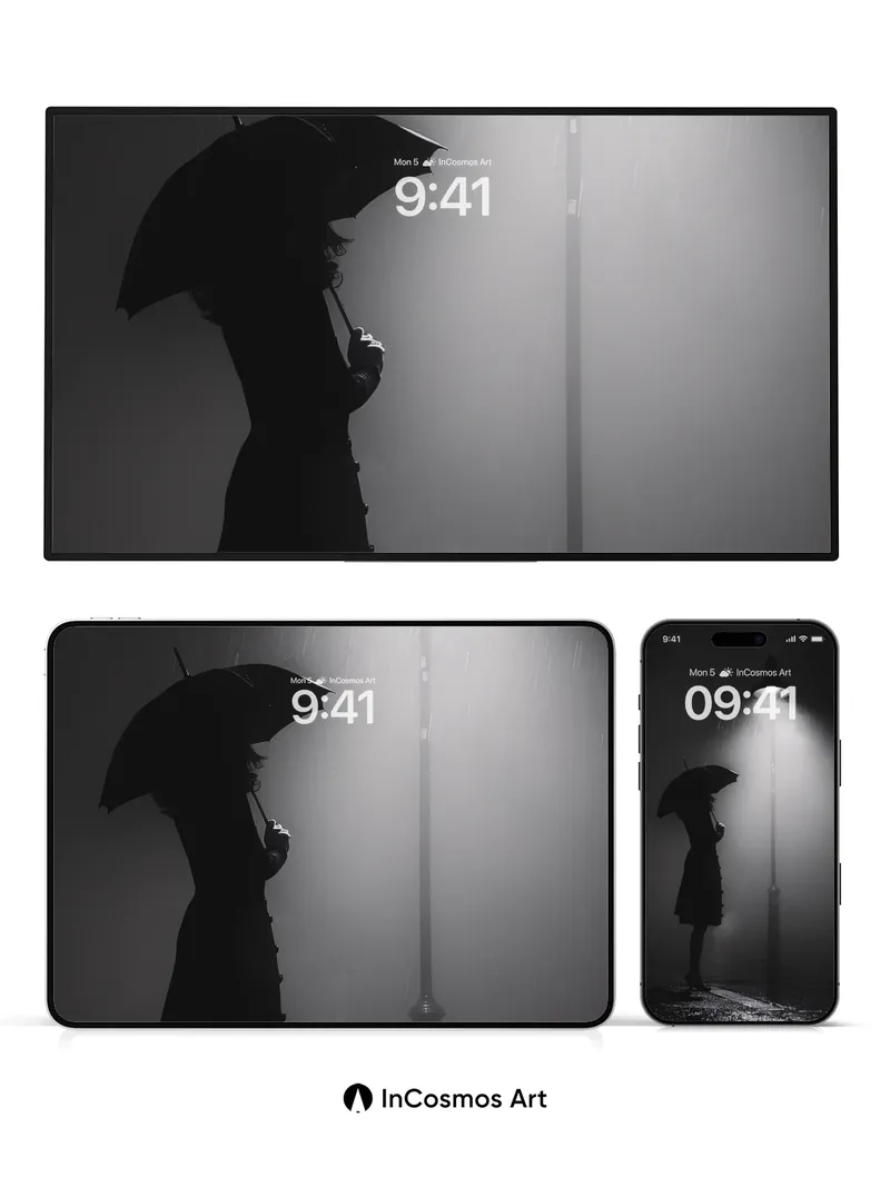 Silhouetted Rainfall Wallpaper with Streetlamp Glow