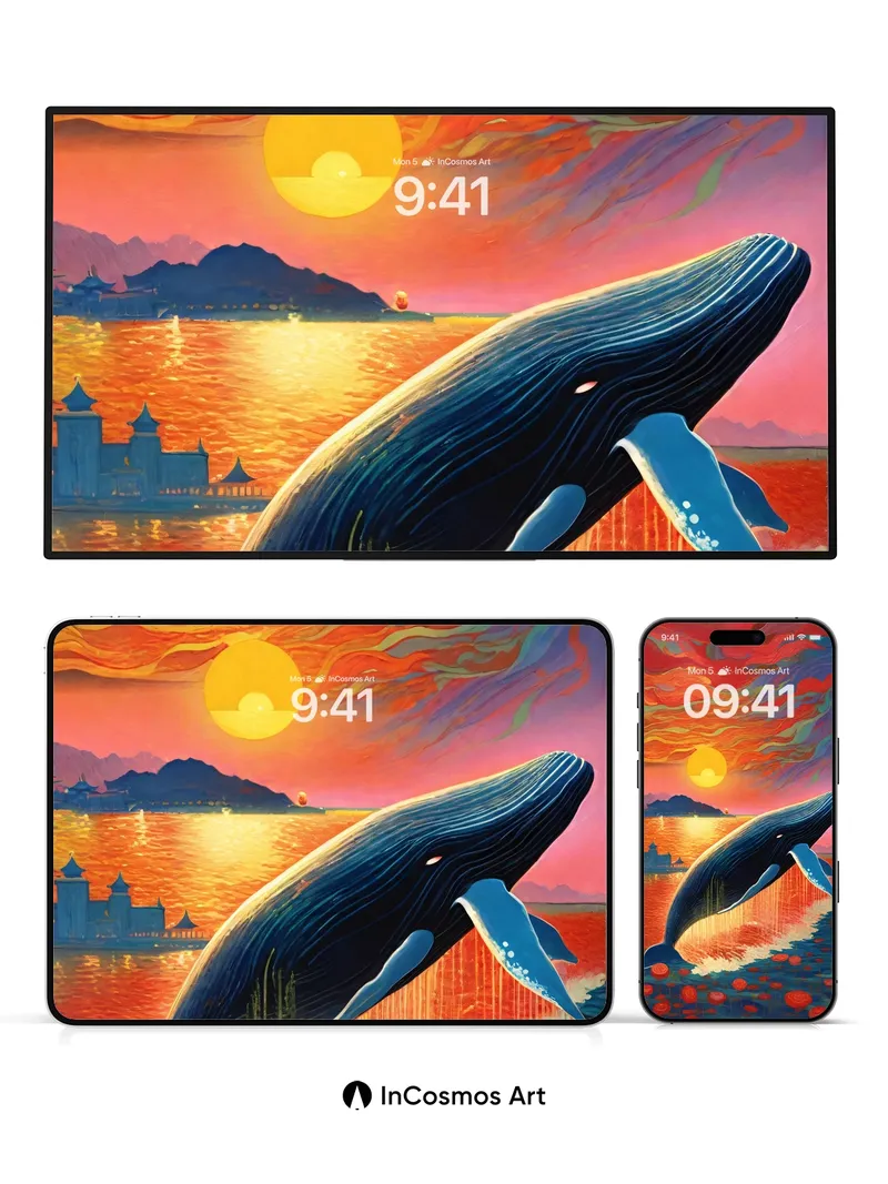 Whale's Midnight Leap Wallpaper with Floating Blooms
