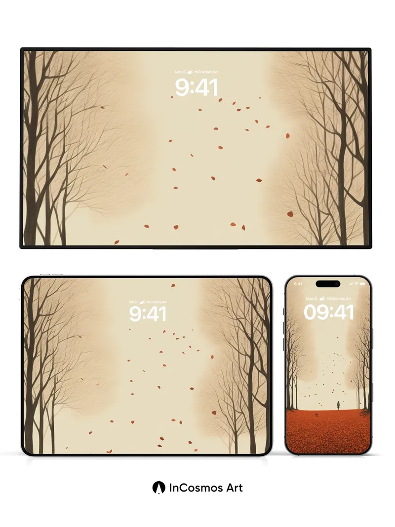 Solitary Autumn Walk Wallpaper with Falling Leaves