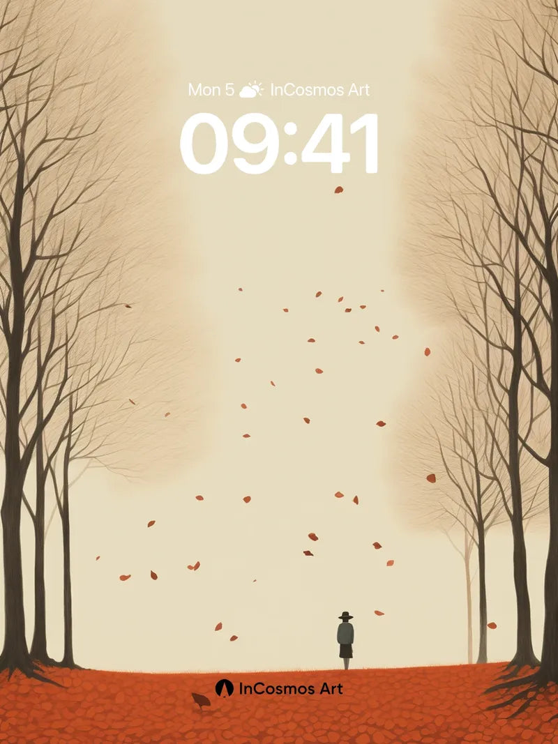 Solitary Autumn Walk Wallpaper with Falling Leaves