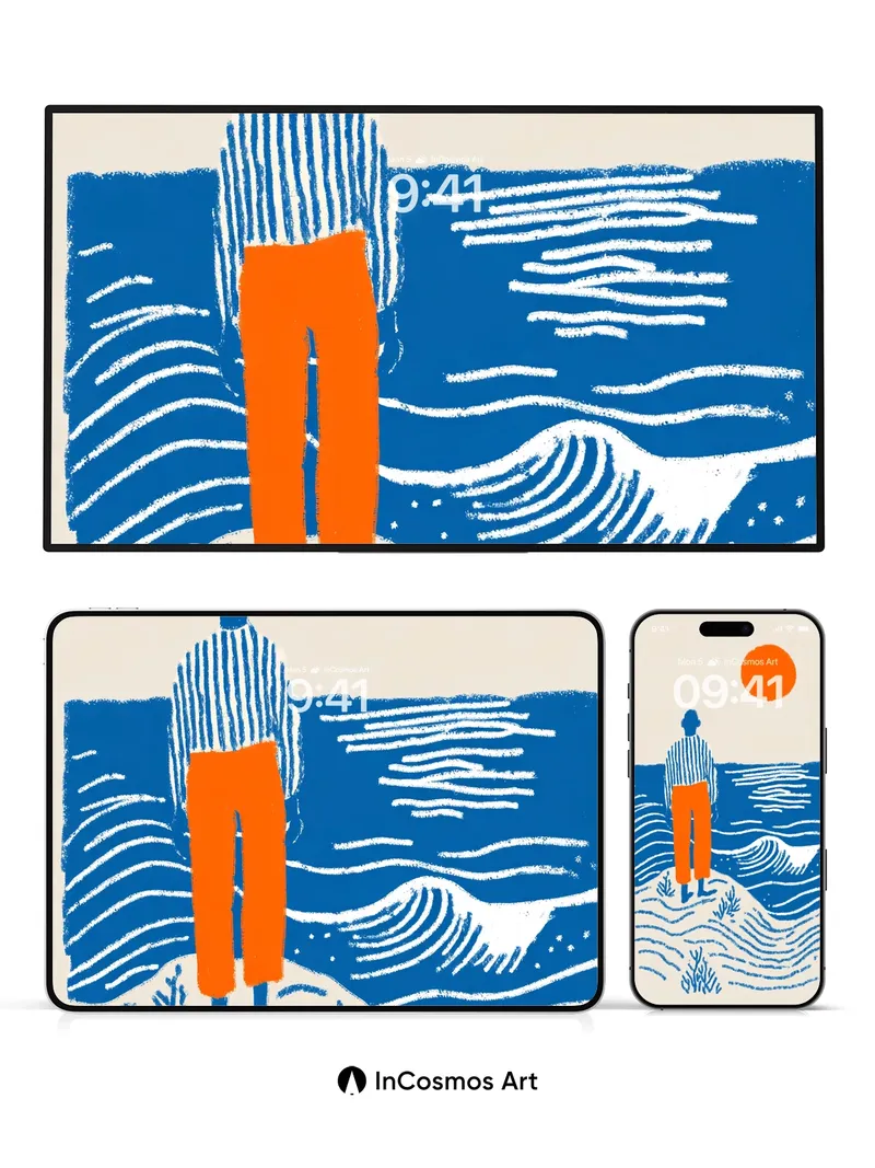 Serenity Ocean Wallpaper with Striped Silhouette