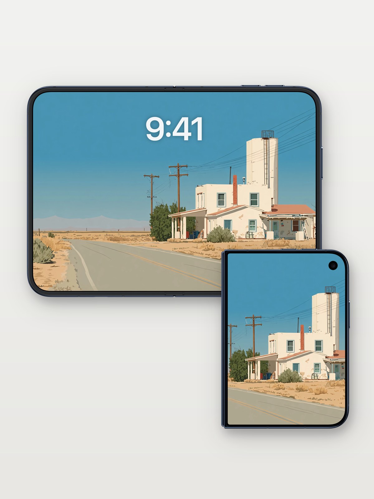 Desolate Horizon Desert Architecture Wallpaper on iPhone Duo, open and closed
