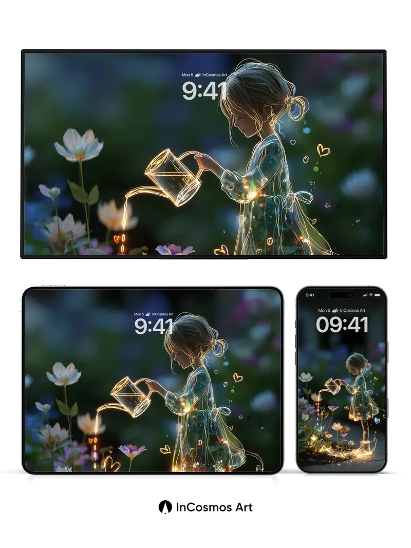 Luminous Garden Wallpaper with Floating Hearts