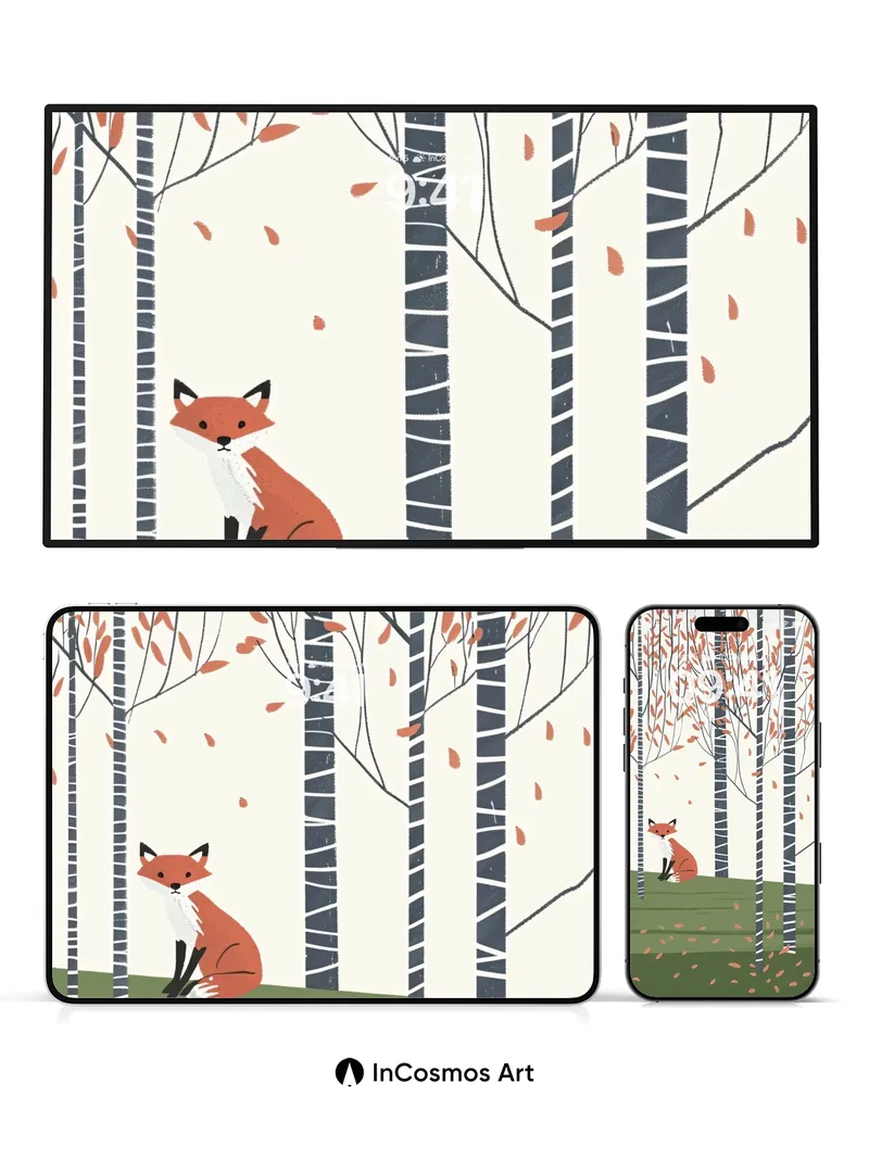 Autumn Hush Wallpaper with Fox in Birch Grove