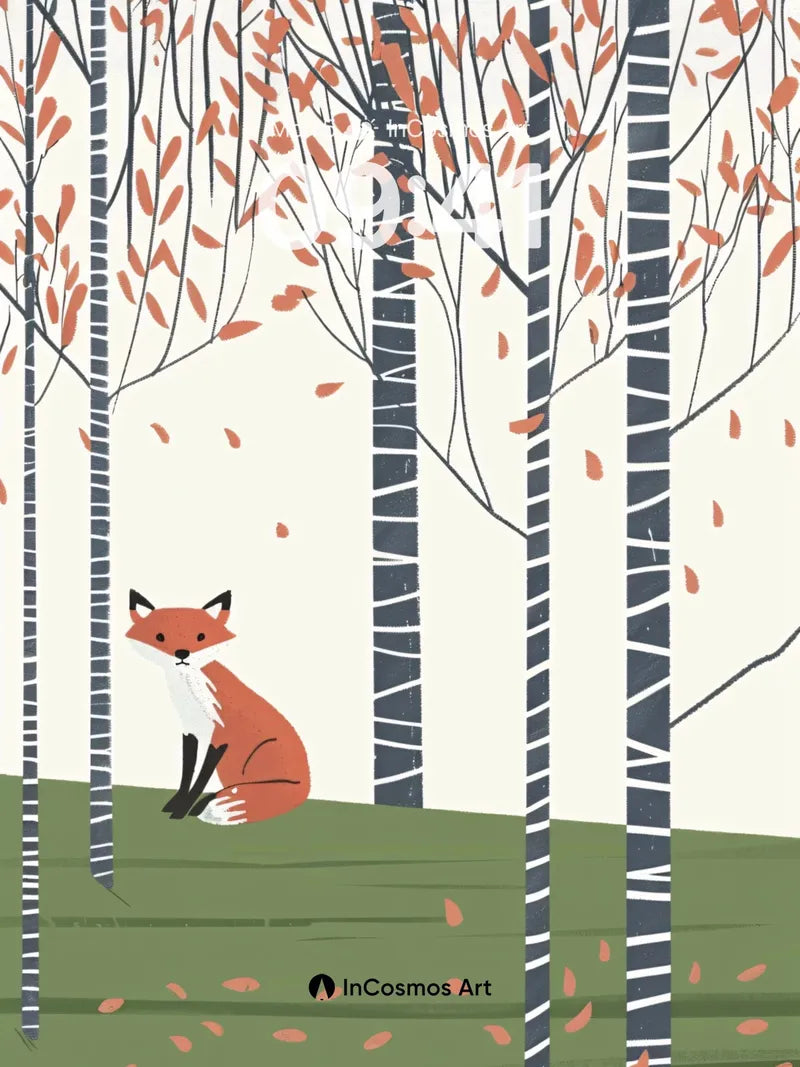 Autumn Hush Wallpaper with Fox in Birch Grove