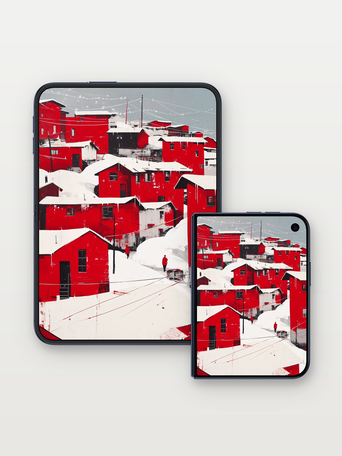 Frost-Clad Red Walls Wallpaper with Icy Threads on iPhone Duo, open and closed