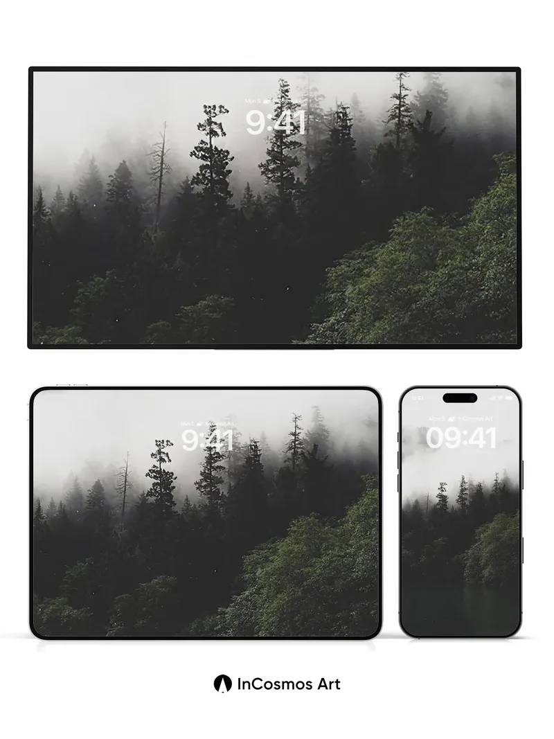 Whispering Mist Wallpaper with Shadowed Pines