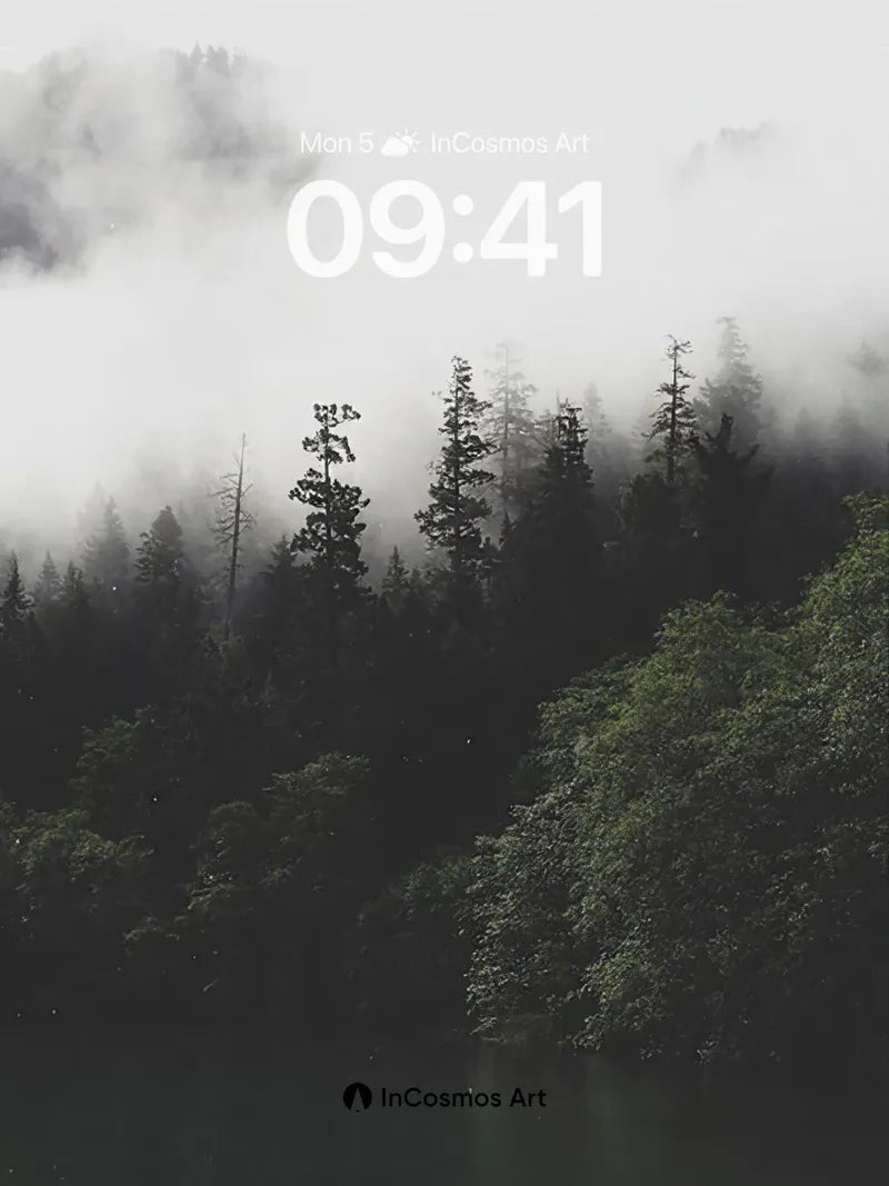 Whispering Mist Wallpaper with Shadowed Pines