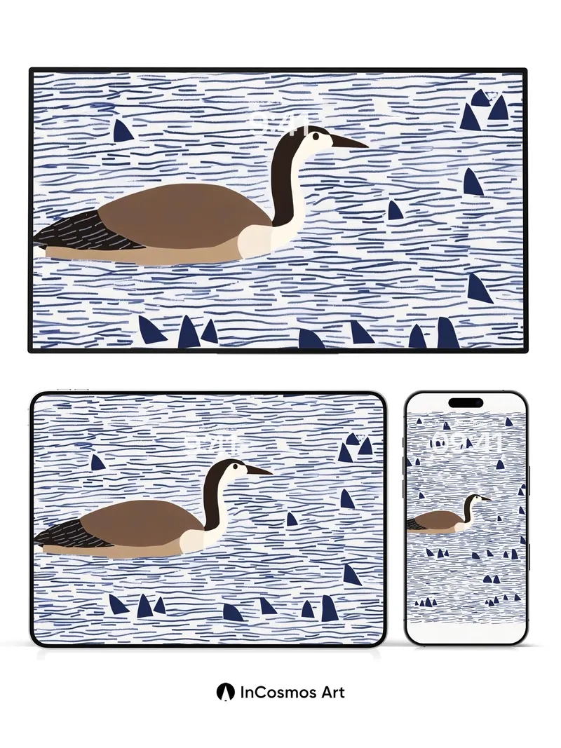 Serene Waterfowl Wallpaper with Floating Triangles