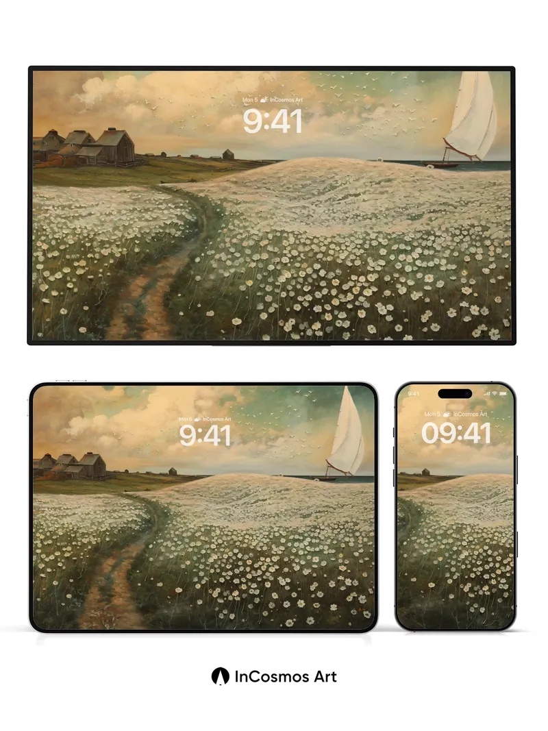 Whispering Daisies Wallpaper with Sailboat Horizon