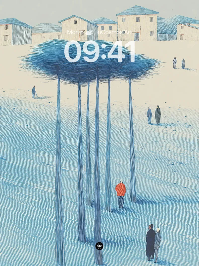 Serene Blue Forest Wallpaper with Minimalist Architecture wallpaper for iPhone, iPad & Mac