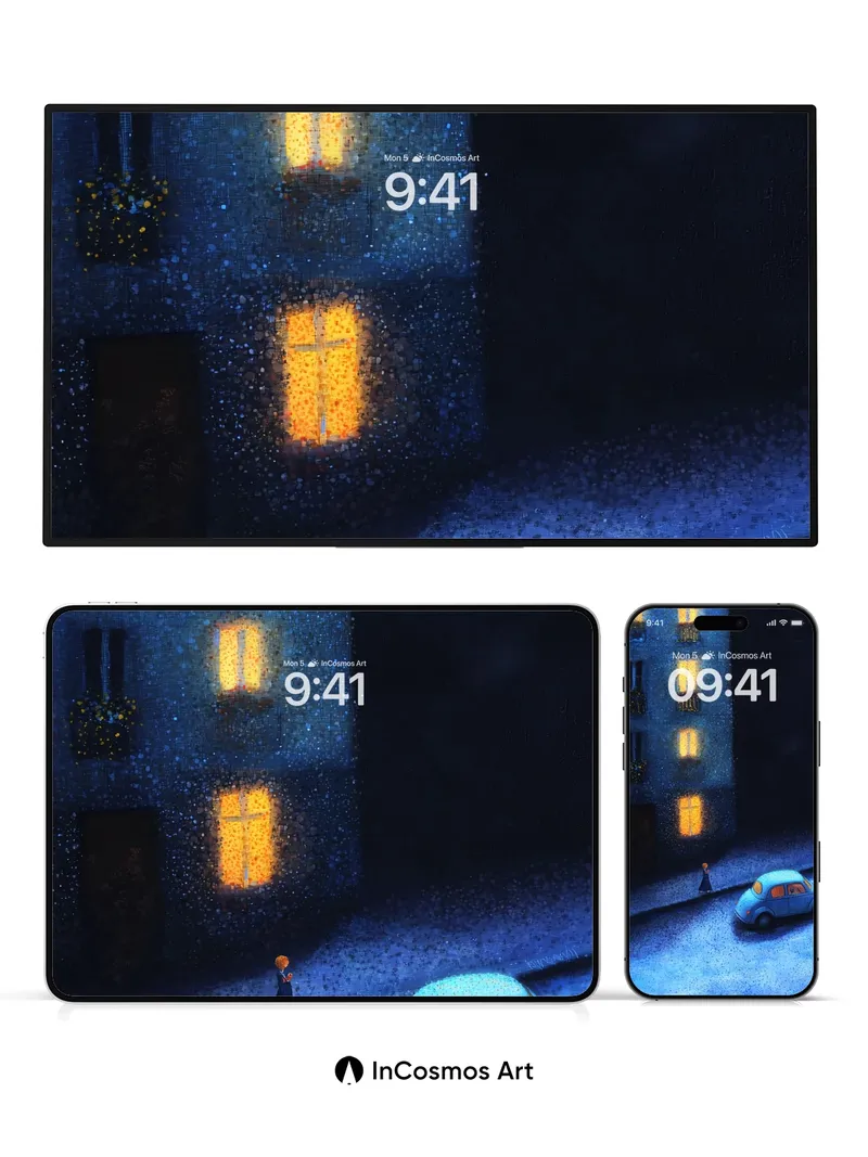 Nostalgic Nightfall Wallpaper with Snow-Kissed Streets