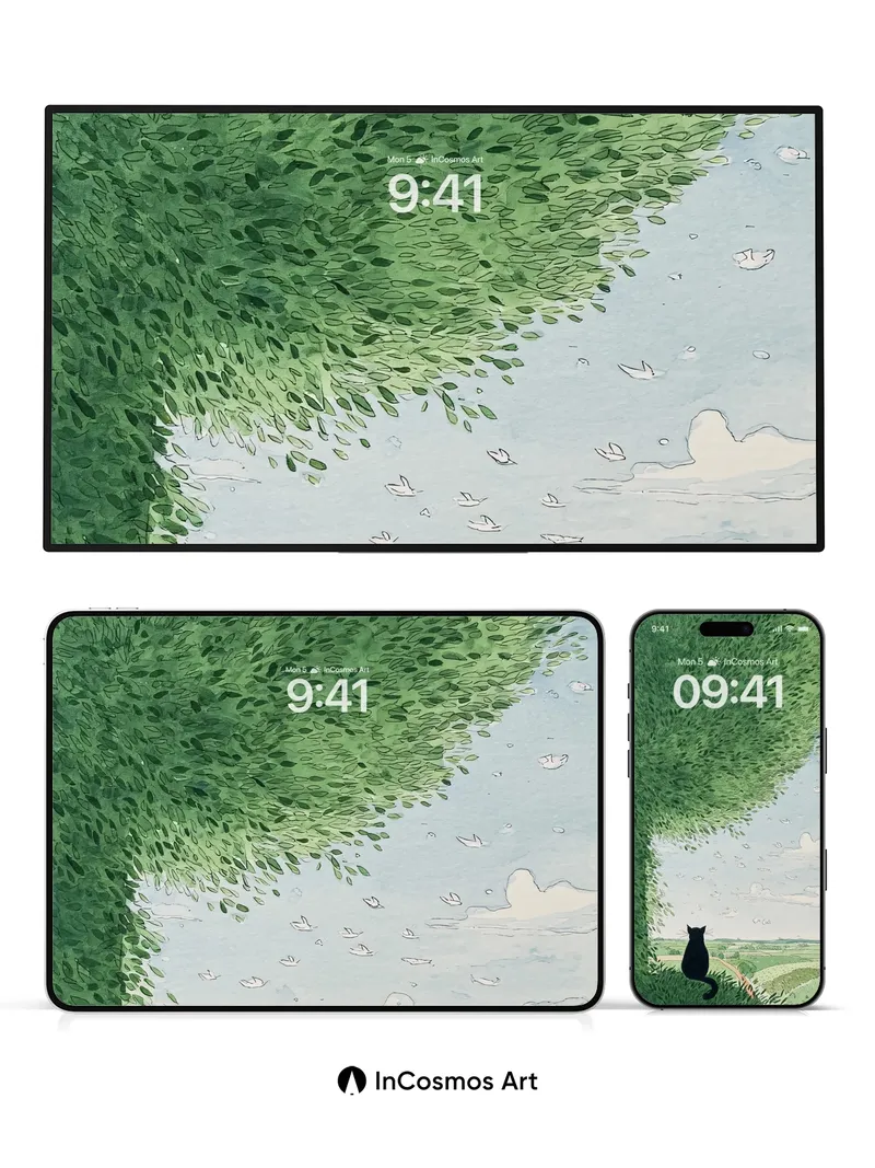 Serenity Tree Canopy Wallpaper with Floating Paper Boats