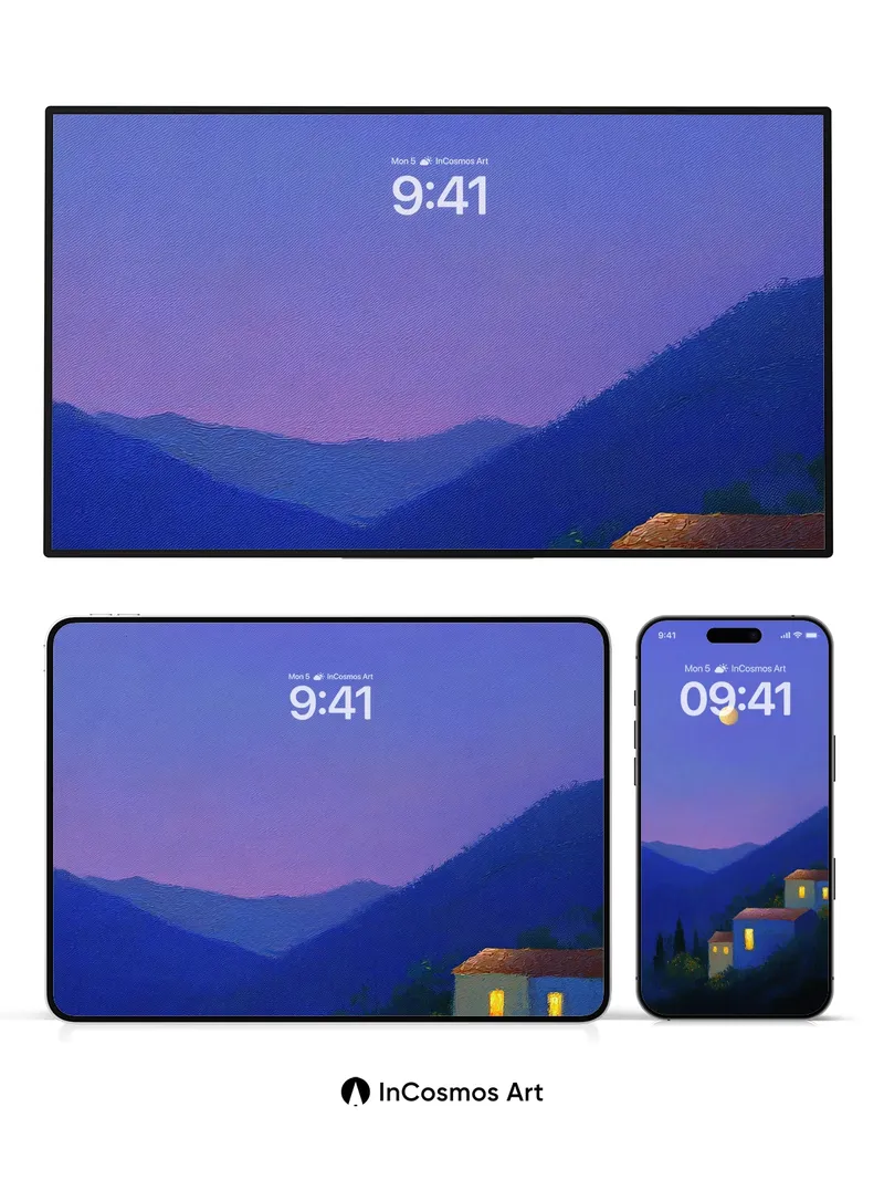 Moonlit Valley Wallpaper with Warm Windows