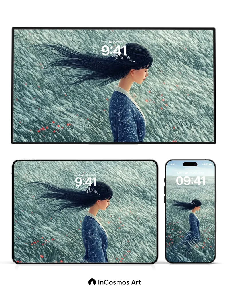 Whispering Field Wallpaper with Silver Grass and Crimson Blooms