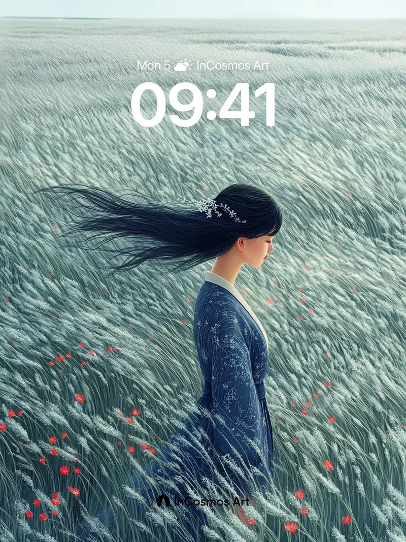 Whispering Field Wallpaper with Silver Grass and Crimson Blooms