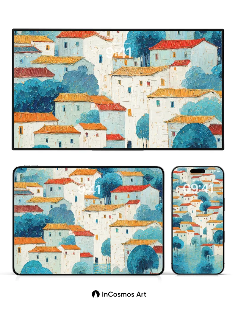 Serene Village Wallpaper with Floating Trees