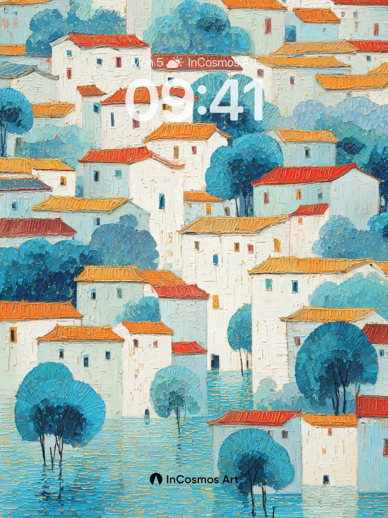 Serene Village Wallpaper with Floating Trees