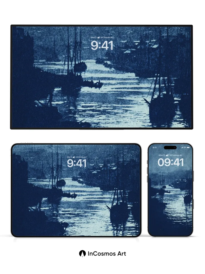 Nocturnal Harbor Wallpaper in Cyanotype Hues