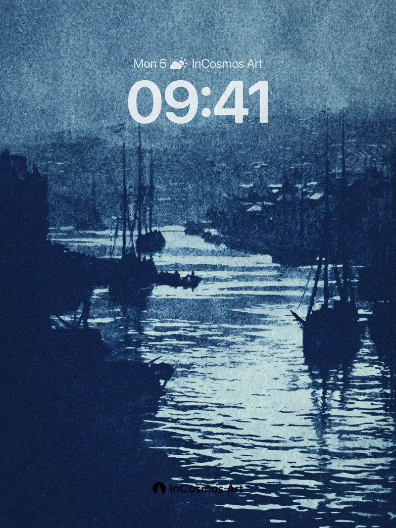 Nocturnal Harbor Wallpaper in Cyanotype Hues