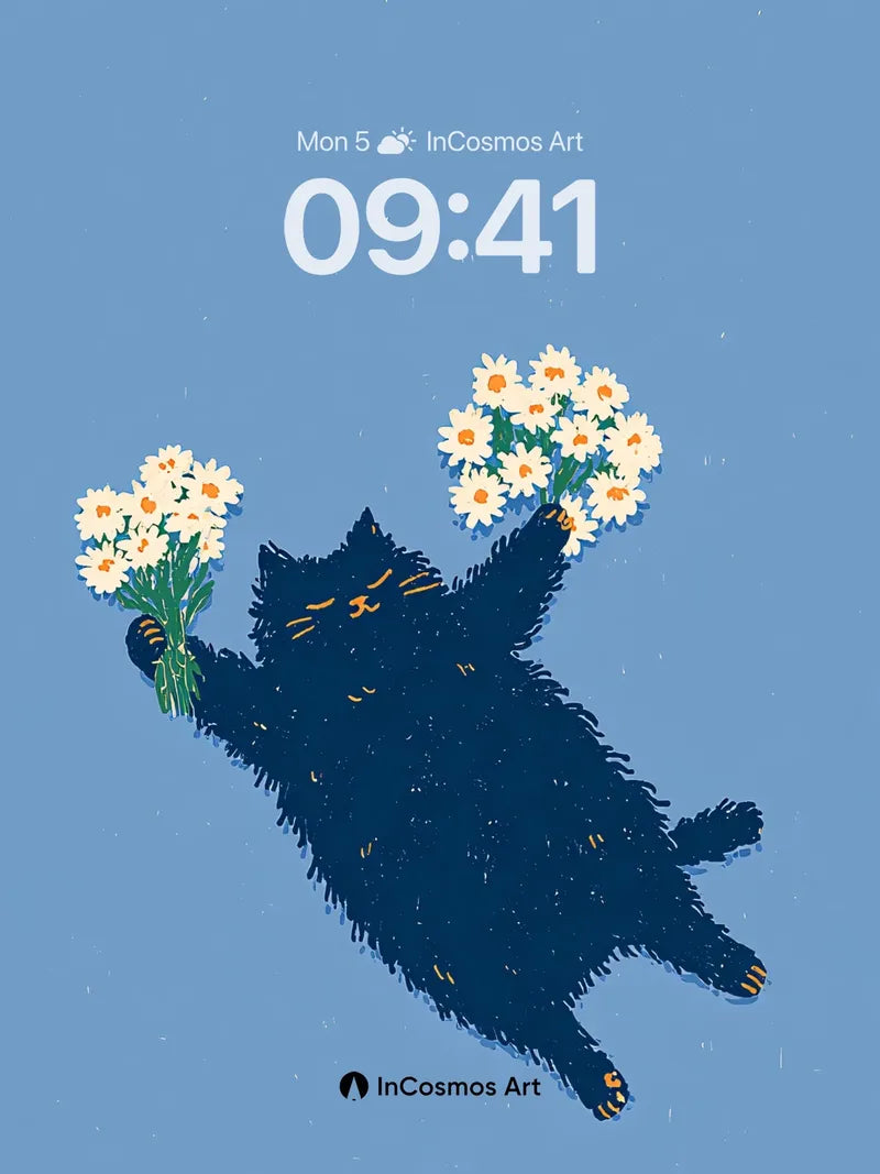 Floating Feline Wallpaper with Daisy Bouquets wallpaper for iPhone, iPad & Mac