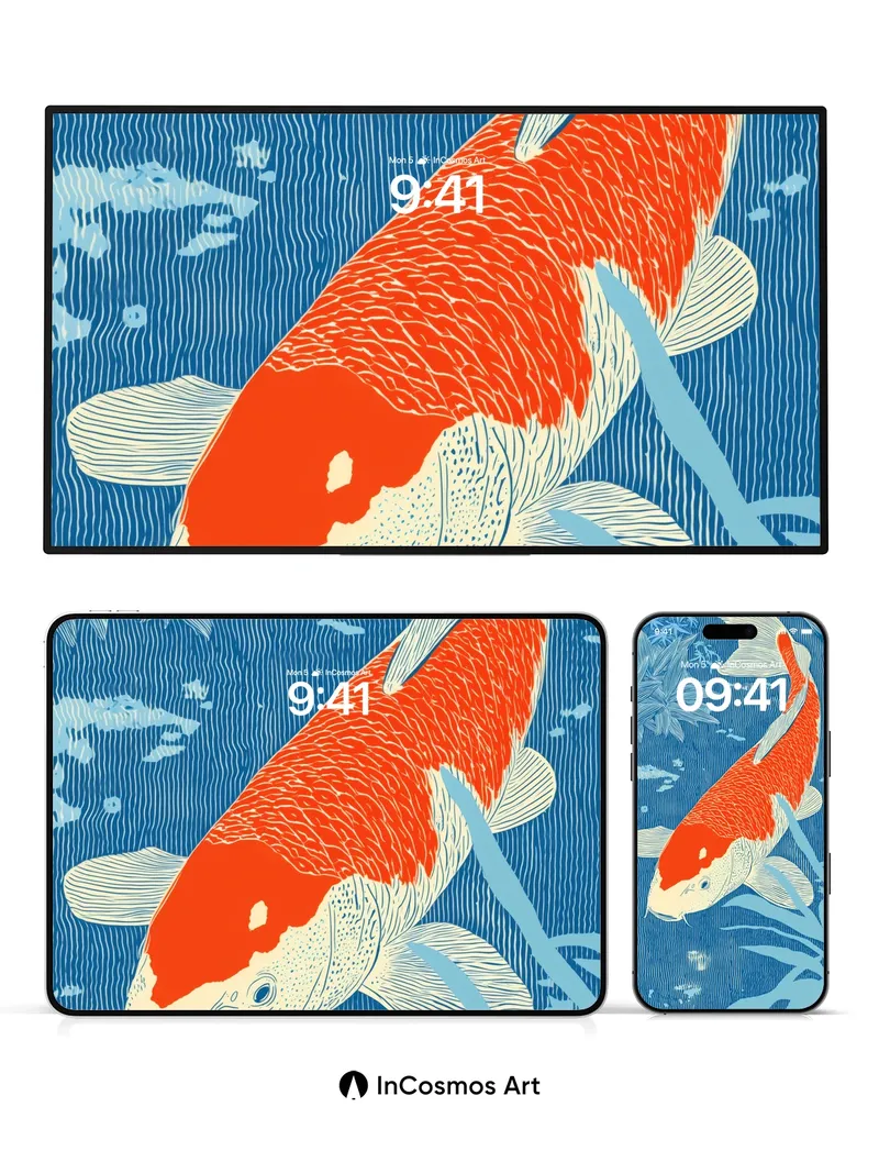 Serene Koi Wallpaper with Ink-Wave Texture