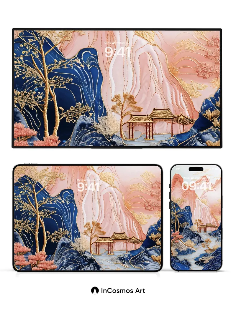 Serene Silk Mountain Wallpaper with Golden Veins