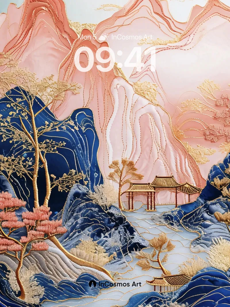 Serene Silk Mountain Wallpaper with Golden Veins