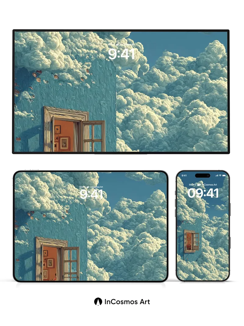 Cloud-Cradled Window Wallpaper with Skyward View