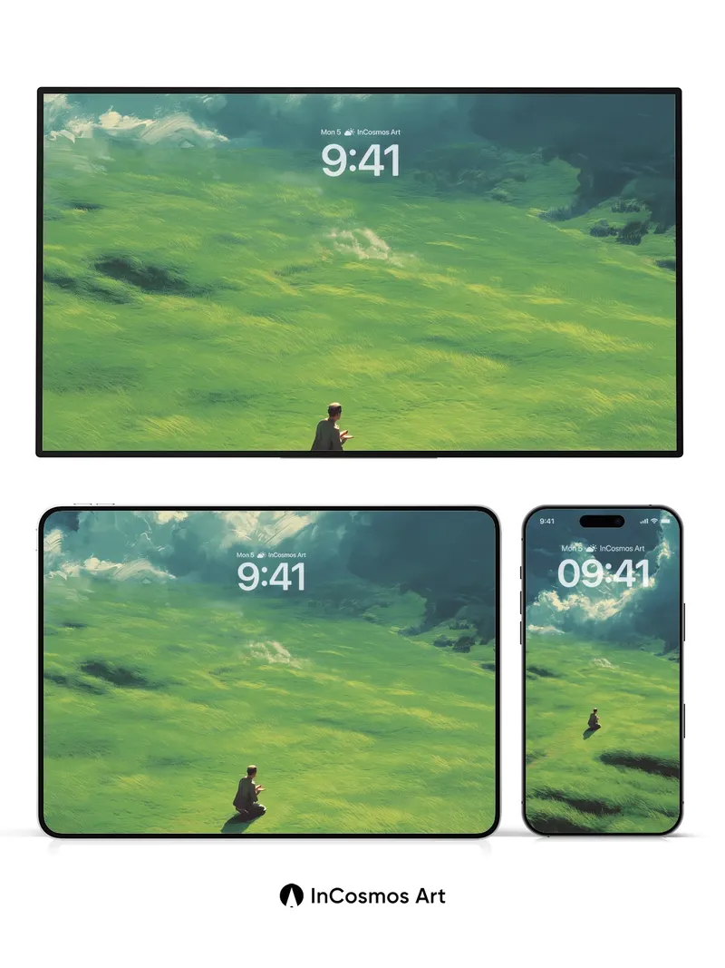 Solitary Figure in Verdant Expanse Wallpaper
