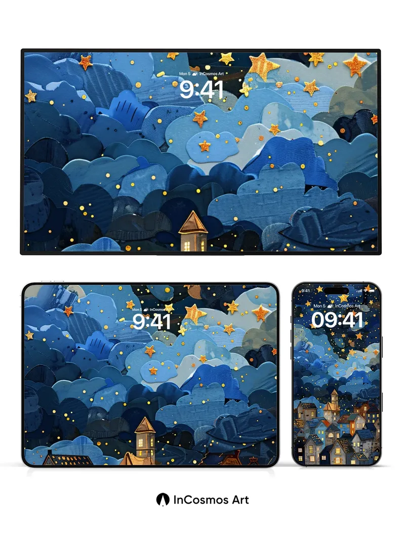 Starry Cloudscape Wallpaper with Glowing Windows