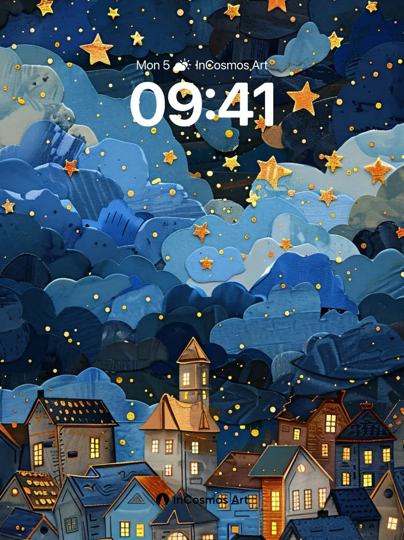 Starry Cloudscape Wallpaper with Glowing Windows