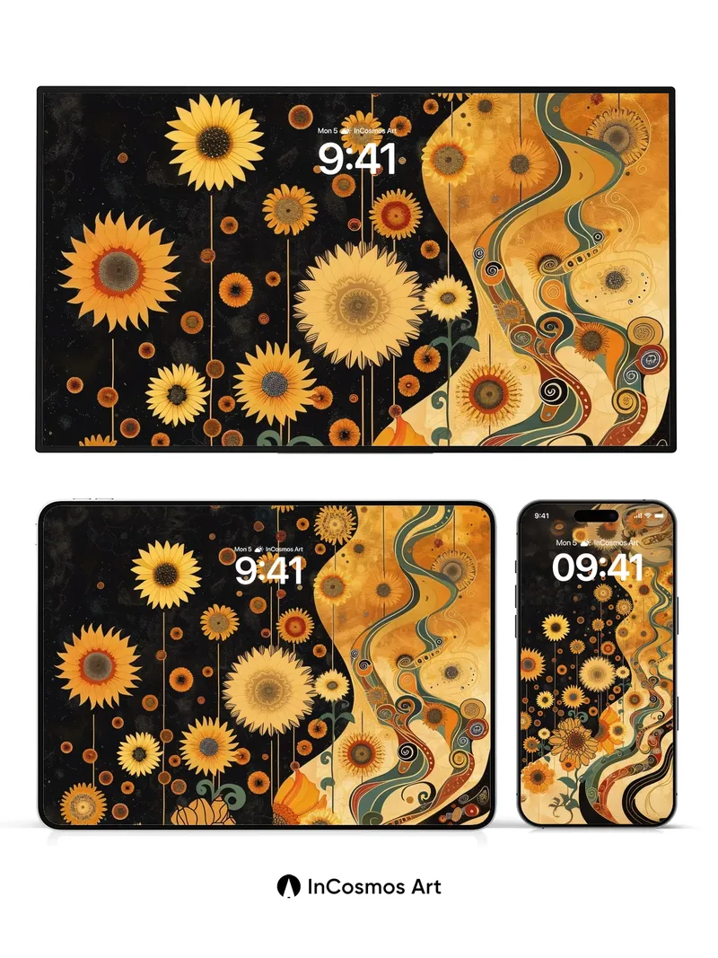 Golden Whirlpool Wallpaper with Sunflower Veins