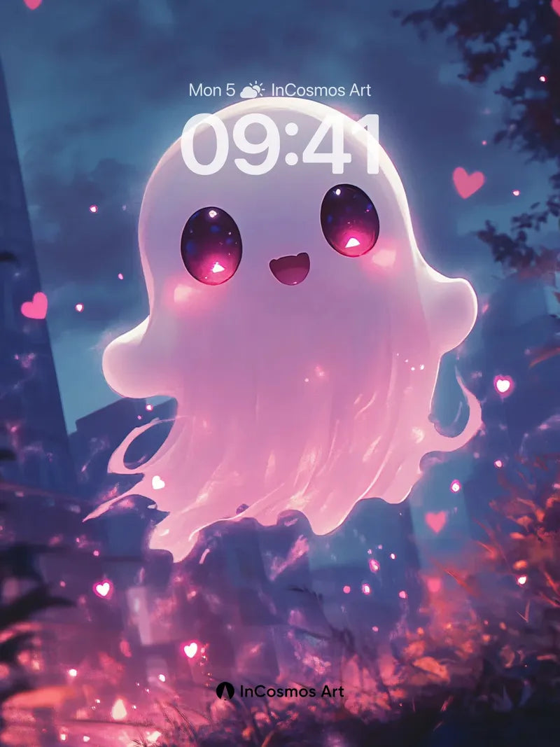 Glowing Ghost Wallpaper with Floating Hearts wallpaper for iPhone, iPad & Mac