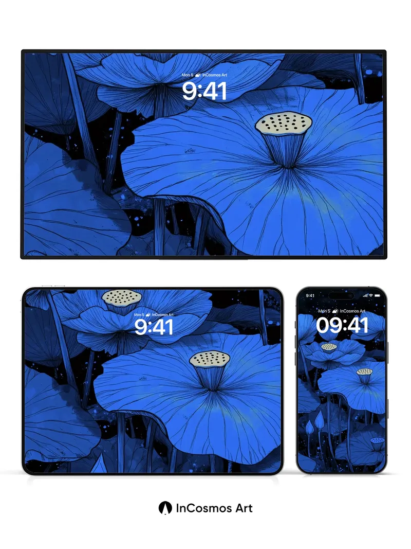 Nocturnal Lotus Wallpaper in Celestial Blue