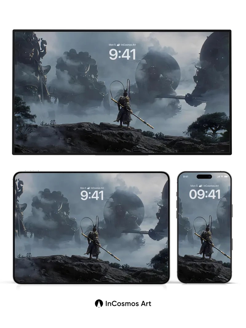 Ethereal Warrior Wallpaper with Stone Giants